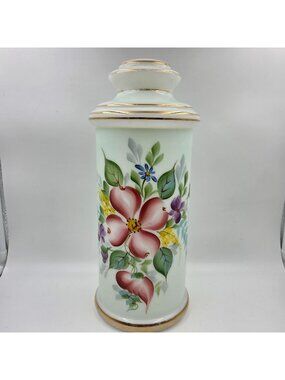 Opaline Hand Painted Flowers with Gold Trim Apothecary Jars with Lid